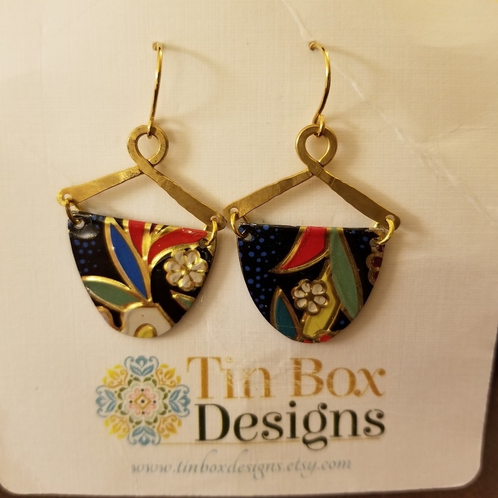 Colorful earrings made with vintage tin